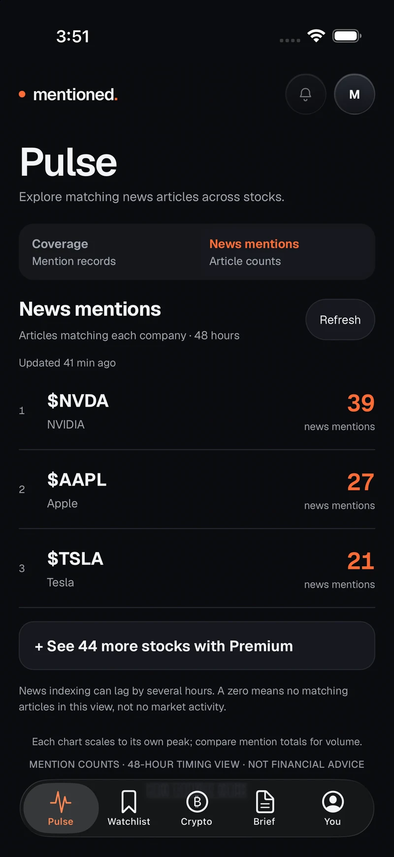 Mentioned Pulse screen showing stock news mentions. Captured iOS preview, not live data.