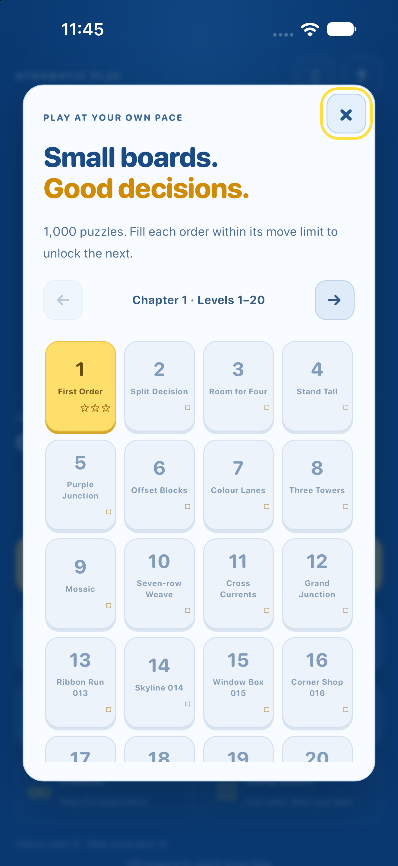 The original Chroma Blocks 1.0 level map with puzzles, best stars and chapter navigation