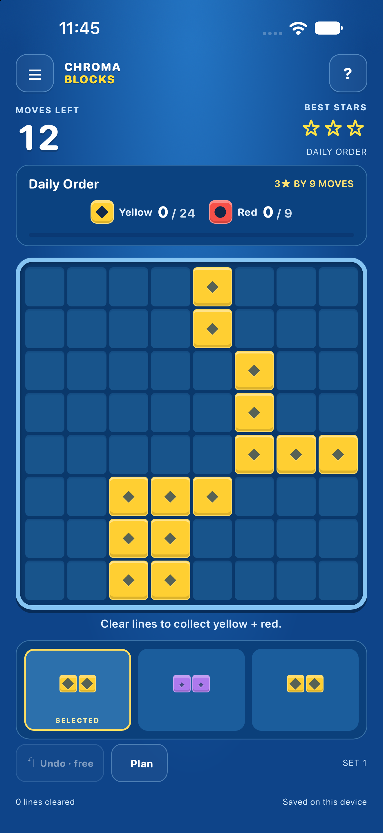 Original Chroma Blocks 1.0 Daily Order on iPhone, showing colour targets, a block board and three shapes to place